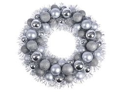 Coroana decorativa de Craciun din globuri D39cm, argintie