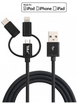 cumpără Cablu telefon mobil Tellur TLL155291 3 in 1 USB - Micro USB + adaptor MFi Lightning + adaptor Type-C 1m, 3A, negru în Chișinău