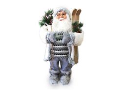 Mos Craciun cu blana naturala alb-gri cu schiuri 80cm