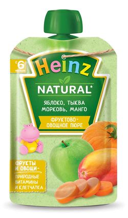Пюре Heinz яблоко, морковь, тыква, манго с 6 месяцев, 90г