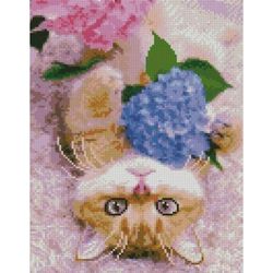 купить Картина по номерам Strateg HX441 Алмазная мозайка Котёнок с цветами 40x50 в Кишинёве 