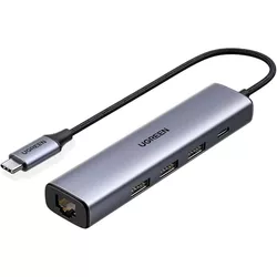 купить Переходник для IT Ugreen 20932 HUB 4in1 Type-C 3.0 to 3*USB 3.0 + Gigabit RJ45 + Type-C PD 100W CM475, Space Grey в Кишинёве 