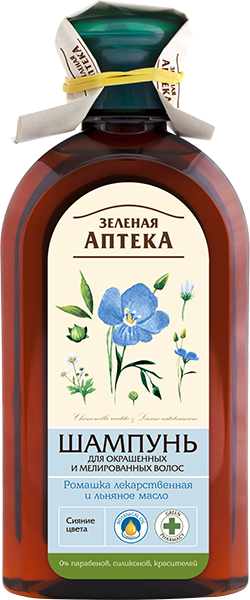 Шампунь-Для окрашенных и мелированных волос. Ромашка и Льняное масло "ЗЕЛЁНАЯ АПТЕКА"