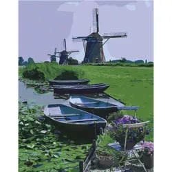 купить Картина по номерам Strateg 58019 Barci pe fundalul morilor de vant 40x50cm в Кишинёве 
