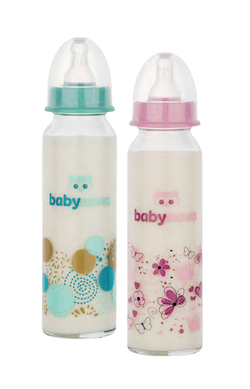 "Baby-Nova" Стеклянная бутылочка, 240 мл, 0-24 мес, средний поток, 1 шт. (43706)
