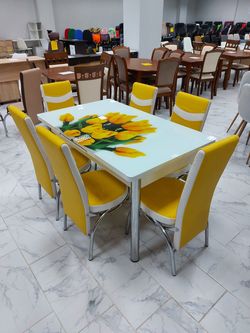 Комплект Келебек ɪɪ 468 + 6 стульев желтые с белым