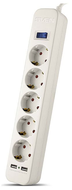 Surge Protector   5 Sockets,  1.8m,  Sven SF-05LU, 2 USB ports charging (2.4A), White