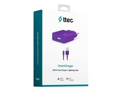 ttec Wall Charger Smart Travel with Cable USB to Lightning 2.4A (1.2m), Purple