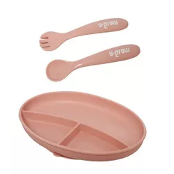 купить Посуда для кормления U-Grow UG-SET9PK Set farfurie cu linguriță și furculiță din silicon, roz в Кишинёве 
