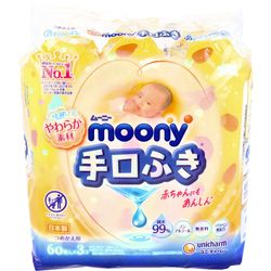 Servetele umede pentru igiena mainilor si gurei bebelusului Moony Pure Water 99.9% (3x60 buc)
