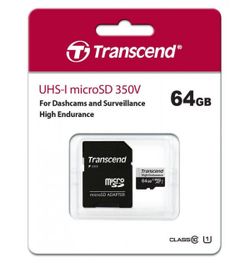 .64GB MicroSD (Class 10) UHS-I (U1),+SD adapter, Transcend "TS64GUSD350V" (R/W:95/45MB/s, Endurance)
