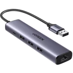 купить Переходник для IT Ugreen 60554 HUB USB-A 3.0 to 3*USB3.0+RJ45 (1000M) Ethernet Adapter CM475, Grey в Кишинёве 