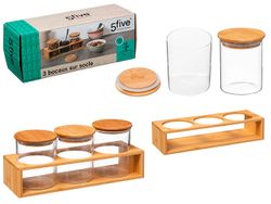 Набор банок с крышкой Five 3шт 40ml+ подставка 28cm, бамбук