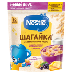 Каша мультизлак банан-сок манго/черн смородина с молоком Nestle Шагайка, с 12 месяцев, 190г