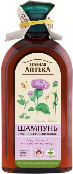 Шампунь-Против выпадения волос. Лопух и протеины Пшеницы "Зеленая аптека"