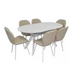 купить Комплект стол и стулья Evelin di Costacurta стол Raffles Oval White + 6 стульев YTC-064Wh Bjorn-24 Light beige в Кишинёве 
