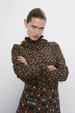 Блуза ZARA Коричневый с принтом 8570/095/745