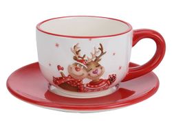 Cana de Craciun 250ml "Doi reni" cu farfurioara, ceramica