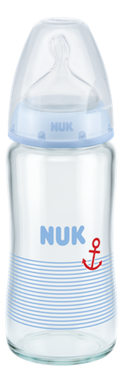 Бутылочка стеклянная NUK FC с силиконовой соской 240 мл (0-6 мес) голубая