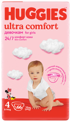 Подгузники для девочек Huggies Ultra Comf 4 (8-14 kg), 66 шт.