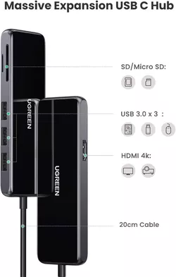 купить USB Hub Ugreen 80129 HUB 6in1 Type-C 3.0 to 4*USB-A 3.0, SD/TF, up to 5Gbps CM314, Space в Кишинёве 