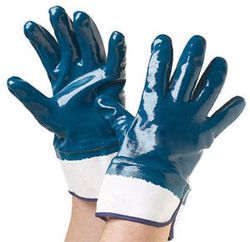 Перчатки трикотажные облитые синим нитрилом, жесткая каучуковая манжета Арт. 441