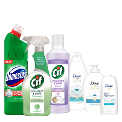 Комплект "0 бактерий" (Domestos Pine Fresh, 1л + Cif Spray Desinfectant, 750мл + Cif Floor, 1л + Dove Care&Protect, 500мл + Hand Hygiene, 50мл + Hand Wash, 250мл)