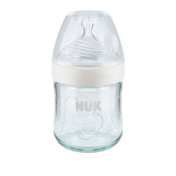 Бутылочка стеклянная NUK NS с силиконовой соской 120 мл (0-6 мес) белая