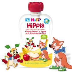 Пюре Hippis яблоко, черешня, банан с зерновыми хлопьями, 100г