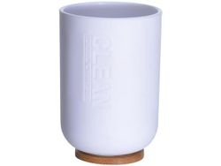 Pahar pentru periute de dinti Bathroom 11cm, fund din bambus, alb, plastic