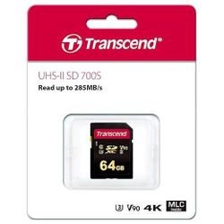 .64GB  SDXC Card (Class 10) UHS-II, U3, Transcend "TS64GSDC700S" Ultra High Speed (R/W:285/180MB/s)