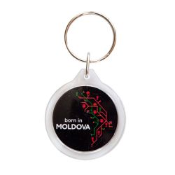Брелок круглый пластиковый – born in Moldova (black)