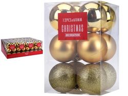 Набор шаров 12X60mm, золотые в коробке, 3 дизайна