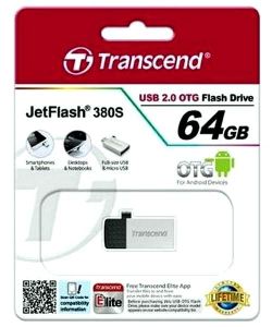 64GB USB2.0/Micro-USB Flash Drive Transcend "JetFlash 380", Silver, Metal Case,OTG (R/W:20/10MB/s)