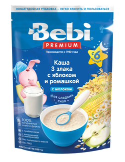 Каша молочная 3 злака Bebi Premium c яблоком и ромашкой (6+ мес.), 200 г