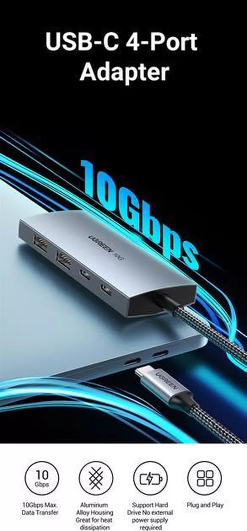 cumpără Adaptor de rețea USB Ugreen 30758 HUB 4in1 Type-C 3.0 to 2*Type-C 3.2 + 2*USB 3.1 CM480, Silver în Chișinău 