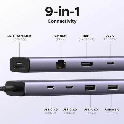 купить Переходник для IT Ugreen 15375 HUB 9in1 USB-C to HDMI(4K@60Hz)+2*USB-A3.0+2*USB-C3.05G+SD/TF+GigabitRJ45+PD(100W), CM498, Black в Кишинёве 