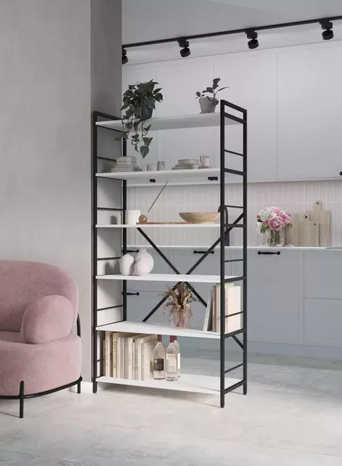 купить Офисный стеллаж Nex Home Raft metalic Loft 1700x800x350mm, 5 polite PAL, Anthracite/White snow в Кишинёве 