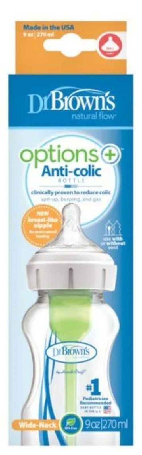 купить Поильник Dr. Brown's 072239318188 Biberon cu gat larg Options+, tetina nivel 1 (0-3 luni), 270ml в Кишинёве 