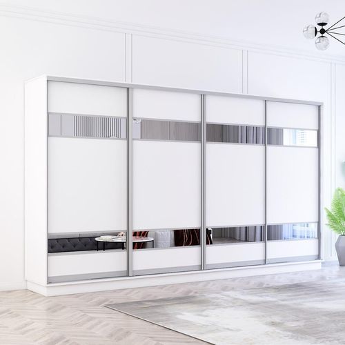 купить Шкаф Mobildor-Lux Fox uși glisante din PAL cu elemente din oglindă (390x60x230H cm) Alb в Кишинёве 