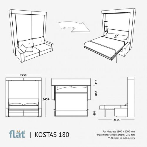 купить Кровать Flat KOSTAS 180x200 с диваном white в Кишинёве 