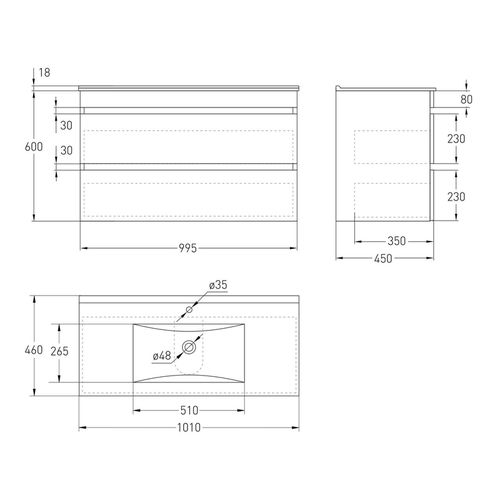 Set mobilier 100cm alb Volle FIESTA:: dulap suspendat, 2 sertare + lavoar suprapus art 13-01-042F 