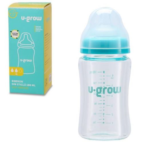 cumpără Cană cu pai U-Grow UG0-05BS180 Biberon din sticlă, 180 ml, cu 2 tetine suplimentare în Chișinău 