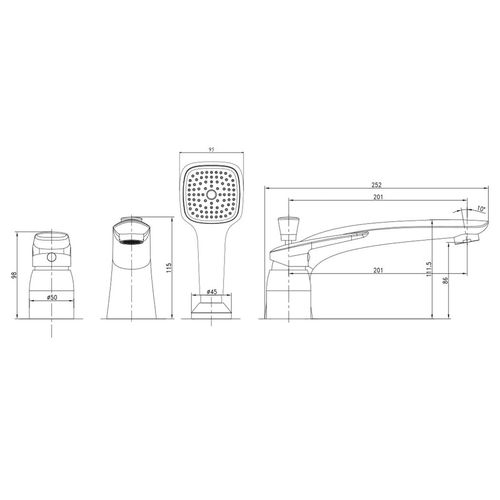 PRAHA new смеситель для ванны врезной, на три отверстия, хром, 35 мм (ванная комната) 