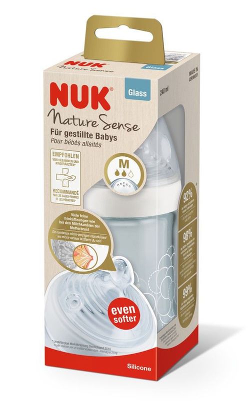 Бутылочка стеклянная NUK Nature Sense с силиконовой соской (0-6 мес) 240 мл 