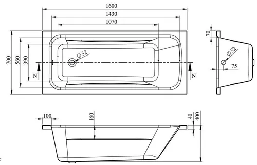 cumpără Cadă de baie Bonito Home Aralia 1600x700 acril, dreptunghiular în Chișinău 