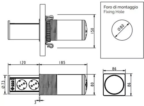 купить Розетка электрическая ASA Plastici 060.47F.00013 Versalift square version 2 sockets F + 1 USB 5V (A+C) Black methacryale в Кишинёве 