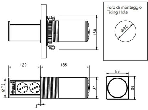 купить Розетка электрическая ASA Plastici 060.47F.00009 Versalift square version 2 sockets F + 1 USB 5V (A+C) Brushed black в Кишинёве 
