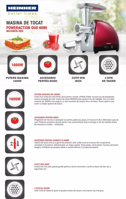 купить Мясорубка электрическая Heinner MG1500TA PowerAction Duo Red в Кишинёве 