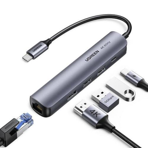 cumpără Adaptor de rețea USB Ugreen 67189 / HUB 5in1 Ultra Slim Type-C to 3xUSB+RJ45+Type-C, Space Grey în Chișinău 